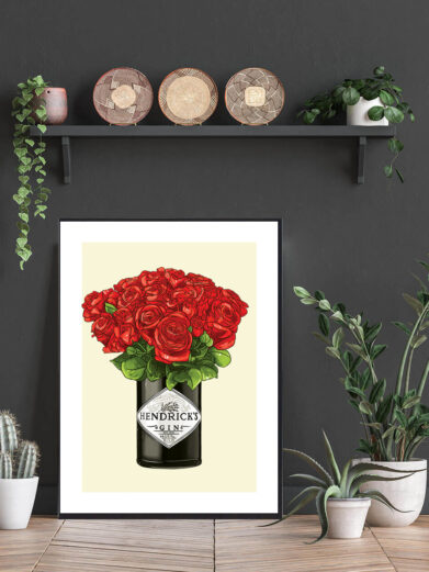 Plakat med Hendricks flaske. Røde roser og gul baggrund