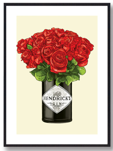 Plakat med Hendricks flaske. Røde roser og gul baggrund