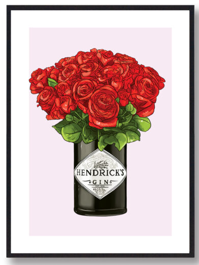 Plakat med Hendricks flaske. Røde roser og lyserød baggrund