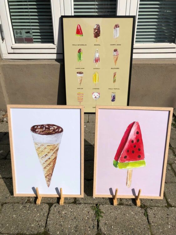3 flotte håndtegnet isplakater. Kæmpe eskimo, lynstang, vandmelon is