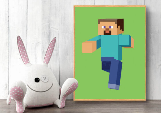 Gamer plakat med Minecraft. Minecraft med Steve på grøn baggrund