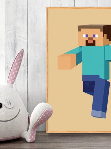 Gamer plakat med Minecraft. Minecraft med Steve på gul baggrund