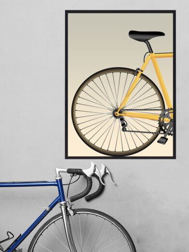Plakat med gul cykel baghjul. Denne cykelplakat viser baghjulet af en racercykel