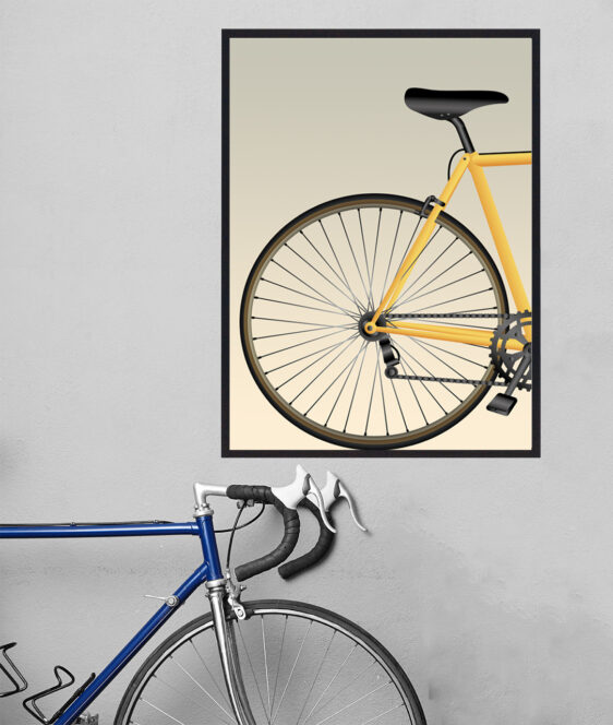 Plakat med gul cykel baghjul. Denne cykelplakat viser baghjulet af en racercykel