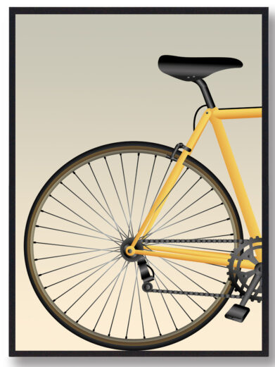 Plakat med gul cykel baghjul. Denne cykelplakat viser baghjulet af en racercykel