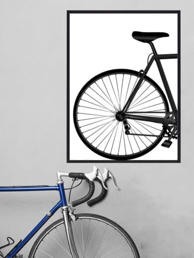 Cykel plakat af baghjul. Denne cykelplakat er i sort/hvid