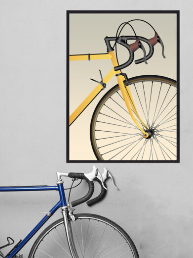 Plakat med gul cykel forhjul. Denne cykelplakat viser forhjulet af en racercykel