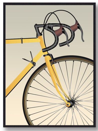 Plakat med gul cykel forhjul. Denne cykelplakat viser forhjulet af en racercykel