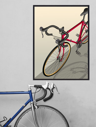 Plakat med cykel som står skævt. Denne cykelplakat viser en racercykel