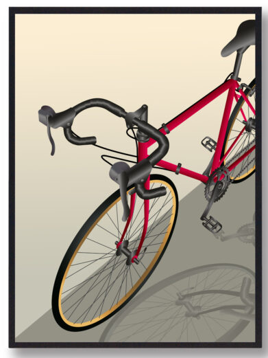 Plakat med cykel som står skævt. Denne cykelplakat viser en racercykel