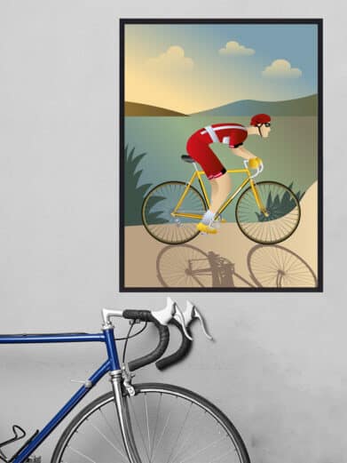 Dannebrogsflag cykel plakat: Cyclist in red and white on a yellow bike, with a landscape background. Sports poster.