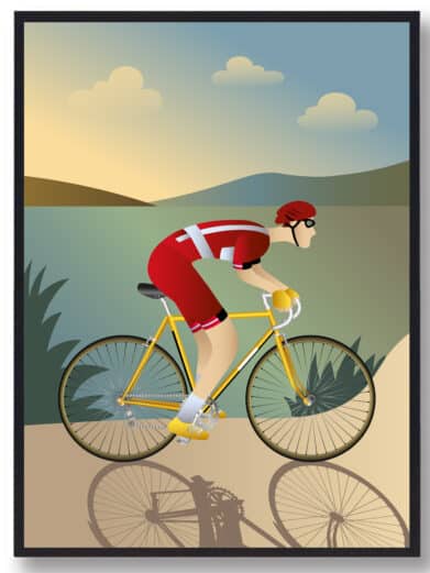 Dannebrogsflag cykel plakat: A cyclist in Danish colors rides a yellow bike, casting a shadow in a scenic landscape. Sports poster.