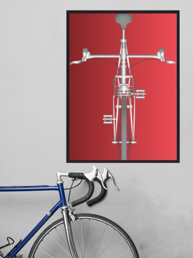 Dannebrogsflag cykel plakat: Close-up of a sleek, minimalist bicycle art print with a striking red backdrop.