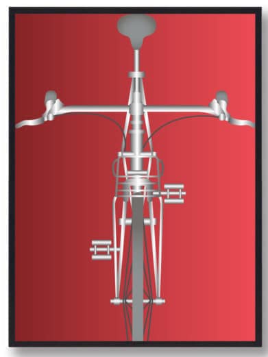 Dannebrogsflag cykel plakat: Top-down view of a silver bicycle against a vibrant red backdrop. Minimalist, modern design.