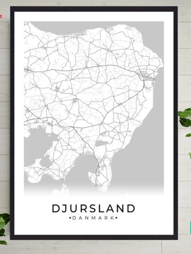 Plakat over Djursland med hvid baggrund. Flot bykort over Djursland som viser hele området