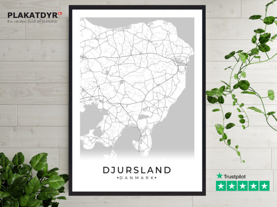 Plakat over Djursland med hvid baggrund. Flot bykort over Djursland som viser hele området