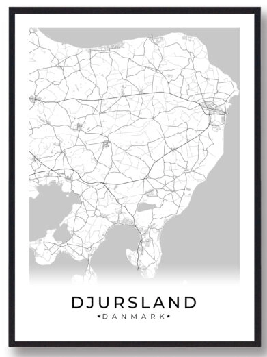 Plakat over Djursland med hvid baggrund. Flot bykort over Djursland som viser hele området
