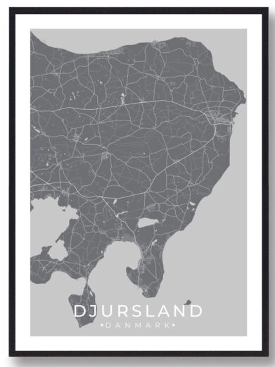 Plakat over Djursland i grå. Flot bykort over Djursland som viser hele området