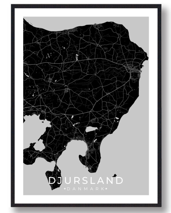 Plakat over Djursland i sort. Flot bykort over Djursland som viser hele området
