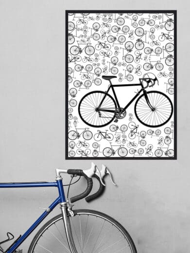 Cykel plakat af cykel med mange små cykler. Denne cykelplakat er i sort/hvid