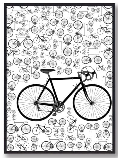 Cykel plakat af cykel med mange små cykler. Denne cykelplakat er i sort/hvid