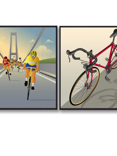 Cykel plakater med Tour de France, hvor de kører henover Storebæltsbroen