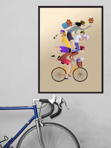 "Sjov på cyklen" art print: A colorful illustration of people stacked on a yellow bicycle, quirky and fun.