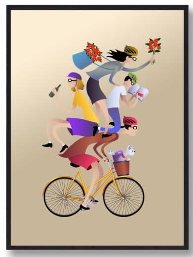 Colorful 'Sjov på cyklen' (Fun on the Bike) poster. People are stacked on a yellow bicycle. A whimsical sports print.