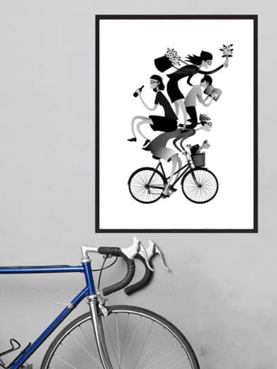 Sjov på cyklen plakat: Black and white illustration of people stacked on a bicycle, framed, modern style.