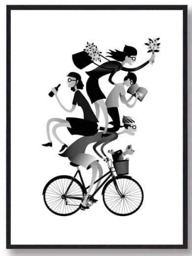 "Sjov på cyklen" poster: Black and white illustration of people stacked on a bicycle, with a dog in the basket. Fun bicycle art.