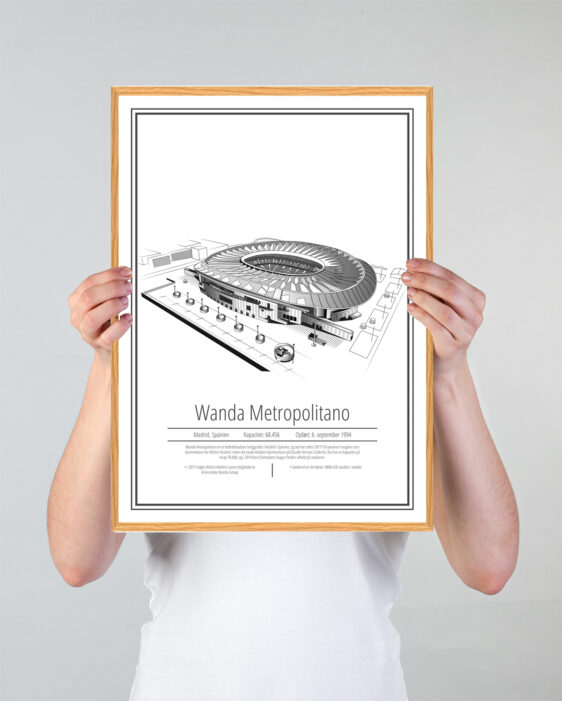Fodbold plakat med Atlético på hvid baggrund. Denne flotte stadion plakat er perfekt til ham/hende som er Atlético fan