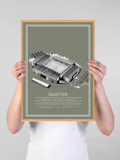 Fodbold plakat med Blackburn Rovers på grøn baggrund. Denne flotte stadion plakat er perfekt til ham/hende som er Blackburn Rovers fan