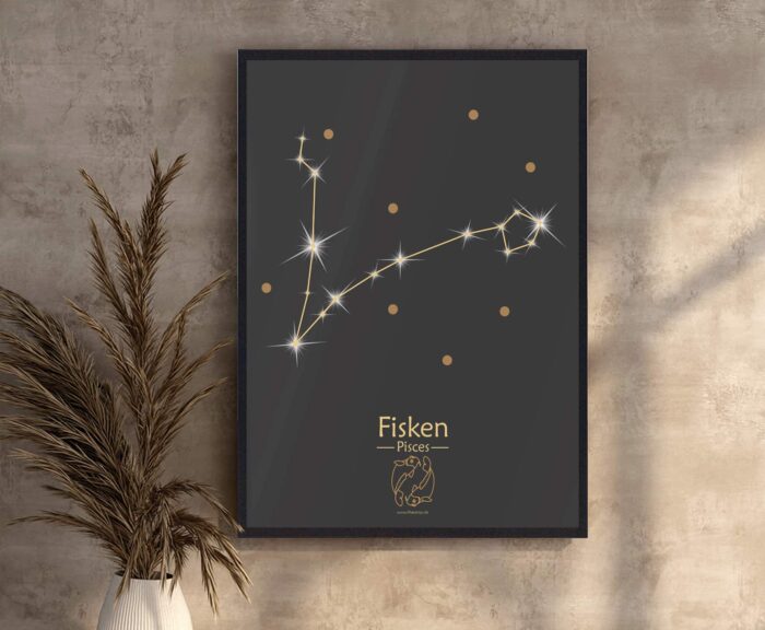 Stjernetegnsplakat med fisken. Stjernetegnsplakaten er med sort baggrund