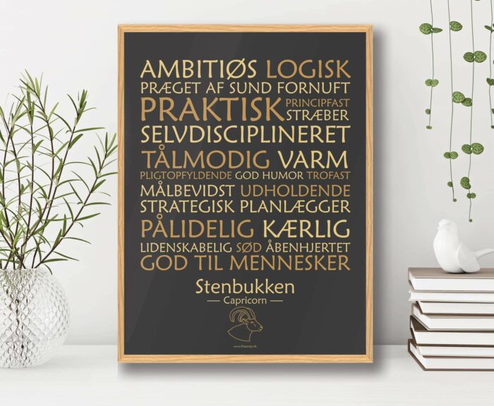 Stjernetegnsplakat med stenbukken på sort baggrund. Populære stjernetegnsplakat med teksten omkring stjernetegnet