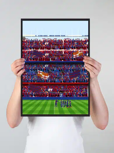 Fodboldplakat med FC Barcelona, der viser spillere på banen og fans på tribunerne i flotte farver