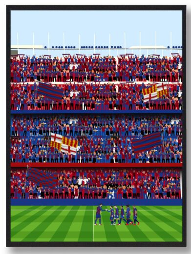 Fodboldplakat med FC Barcelona, der viser spillere på banen og fans på tribunerne