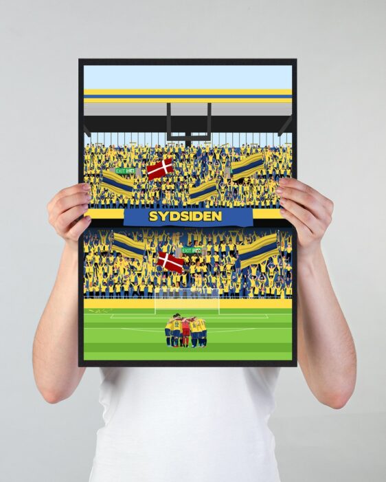 Brøndby fodboldplakat, der viser spillere på banen og fans på tribunerne i flotte farever