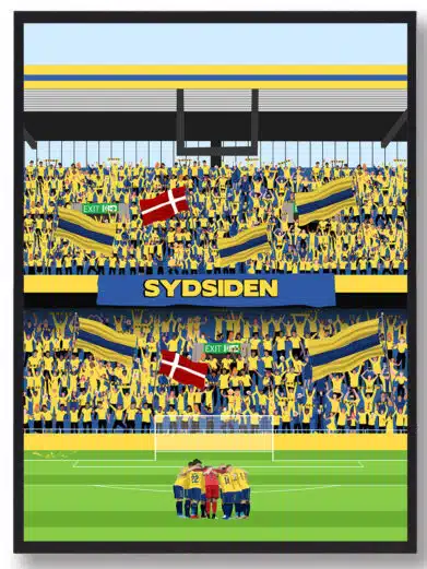 Brøndby fodboldplakat, der viser spillere på banen og fans på tribunerne