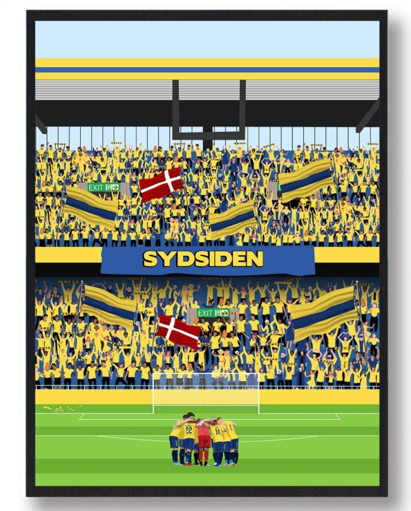 Brøndby fodboldplakat, der viser spillere på banen og fans på tribunerne