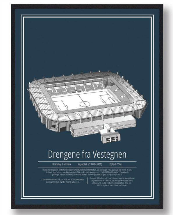 Brøndby stadion plakat med mørkeblå baggrund. Fortælle historien om Brøndby stadion
