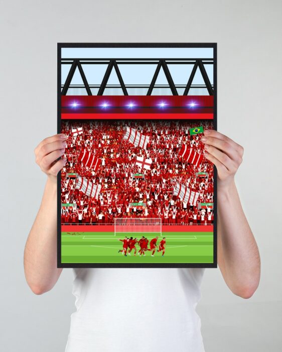 Fodboldplakat med Liverpool, der viser spillere på banen og deres fans på tribunerne bagved i flotte farver