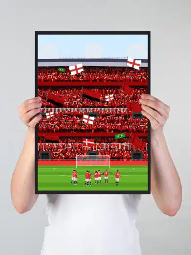 Manchester United fodboldplakat med spillere på banen og fans bagved på tribunerne i flotte farver