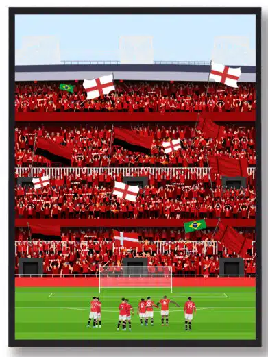 Manchester United fodboldplakat med spillere på banen og fans bagved på tribunerne