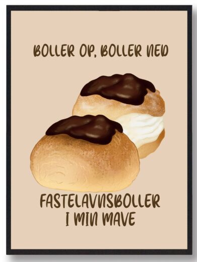 Plakat med lækre fastelavnsboller og citatet "Boller op, boller ned"