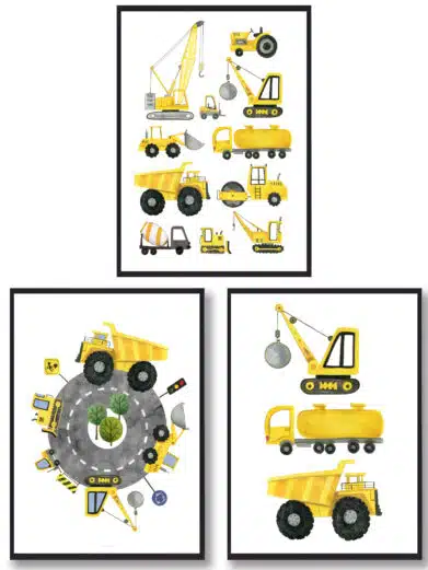 Plakatsæt til børn med gule køretøjer som fx traktor, cementblander, ladvogn, og så videre