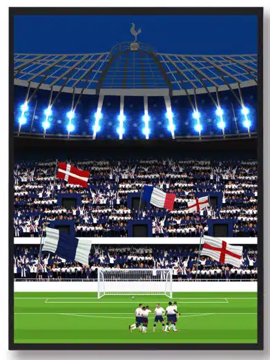Stadion fodboldplakat, der viser Tottenham stadion med spillere på banen og fans på tribunerne