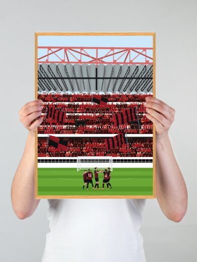 A.C. Milan stadionplakat med spillere på banen og massevis af tilskuere på tribunerne på et fyldt stadion