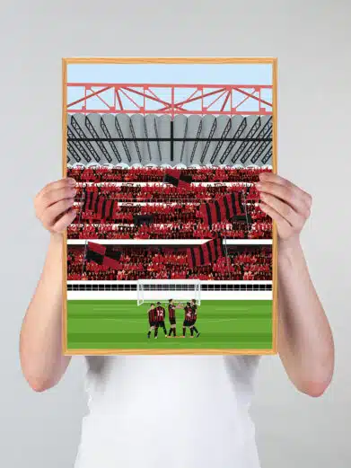 A.C. Milan stadionplakat med spillere på banen og massevis af tilskuere på tribunerne på et fyldt stadion