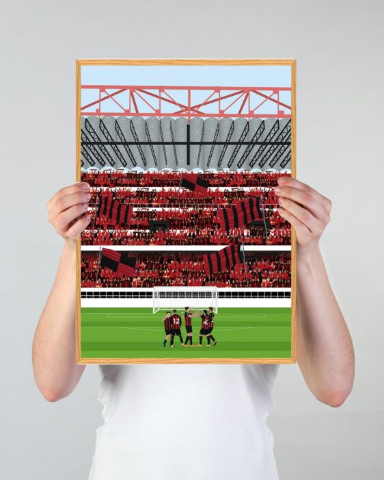 A.C. Milan stadionplakat med spillere på banen og massevis af tilskuere på tribunerne på et fyldt stadion