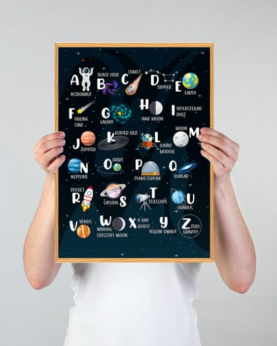 Rumplakat med universet til børn med engelske alfabetet